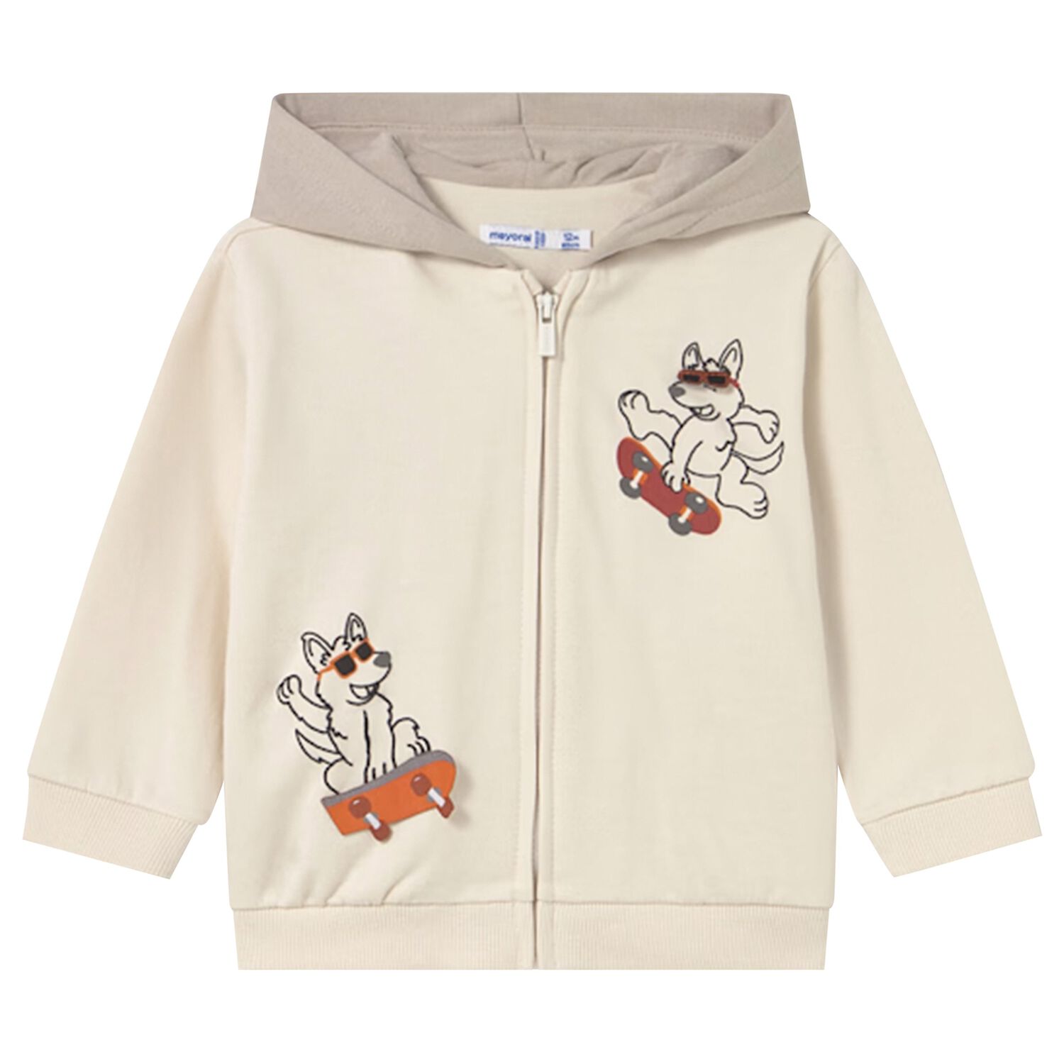 Younger Boys Ivory Fox Hooded Zip Up Top, 2, hi-res