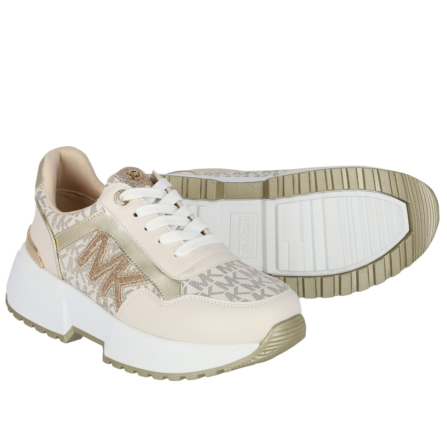 Girls Ivory & Gold Logo Trainers, 1, hi-res