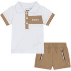 Baby Boys White & Beige Logo Polo Shorts Set, 2, hi-res