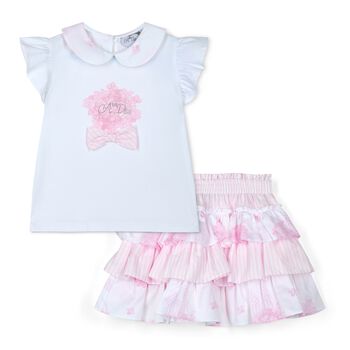 Girls White & Pink Cotton Skirt Set