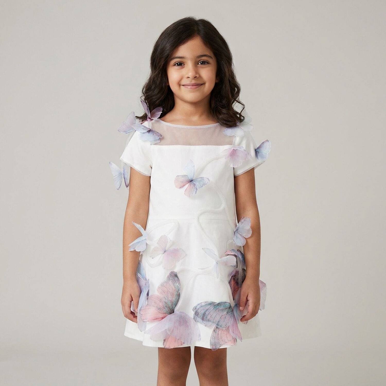 Girls White 3D Butterfly Applique Dress, 1, hi-res
