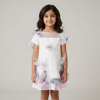 Girls White 3D Butterfly Applique Dress