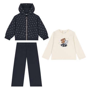 Younger Girls Ivory & Navy Blue Cat 3 Piece Tracksuit