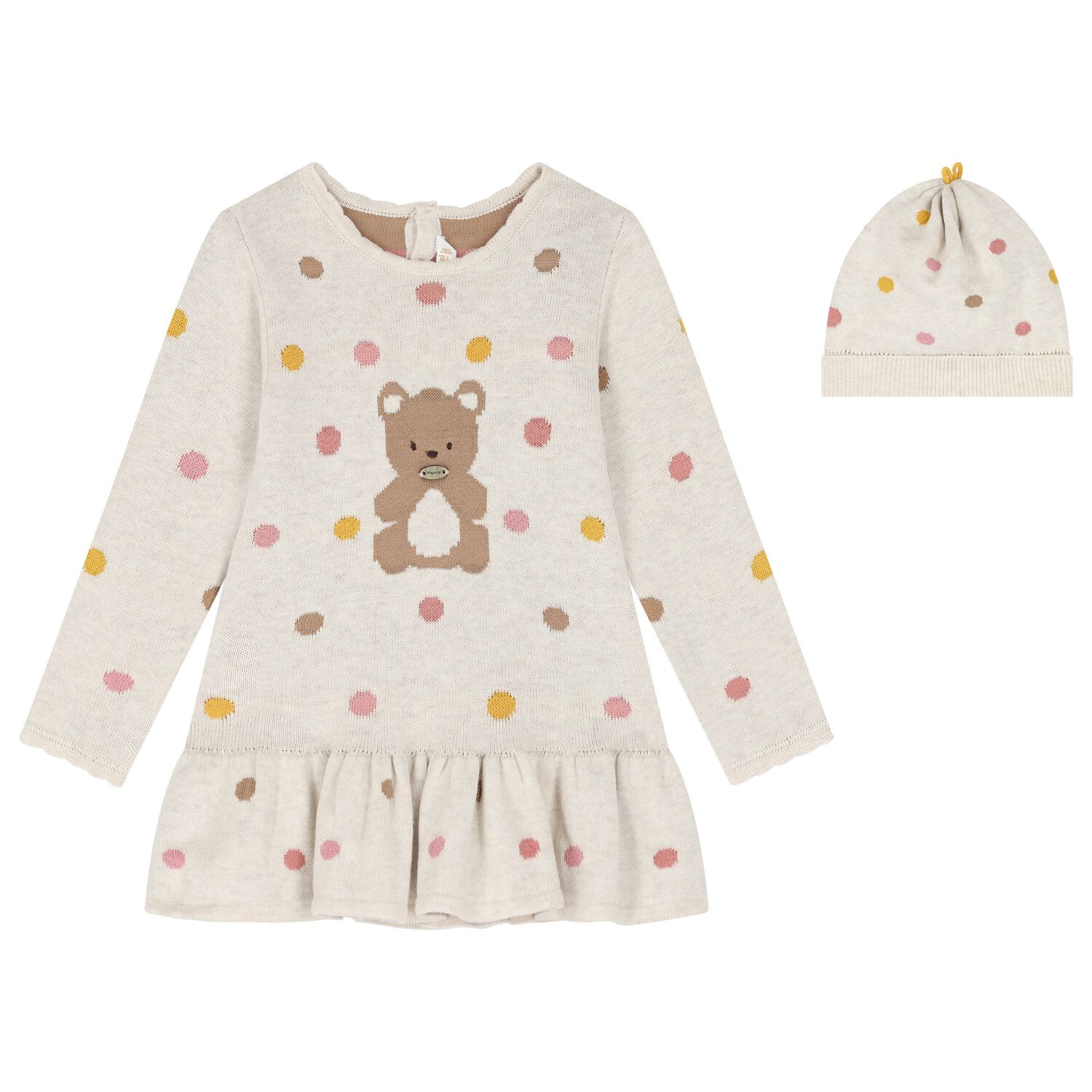 Baby Girls Beige Knitted Dress Set, 1, hi-res