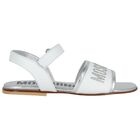 Girls White & Silver Leather Logo Sandals , 1, hi-res