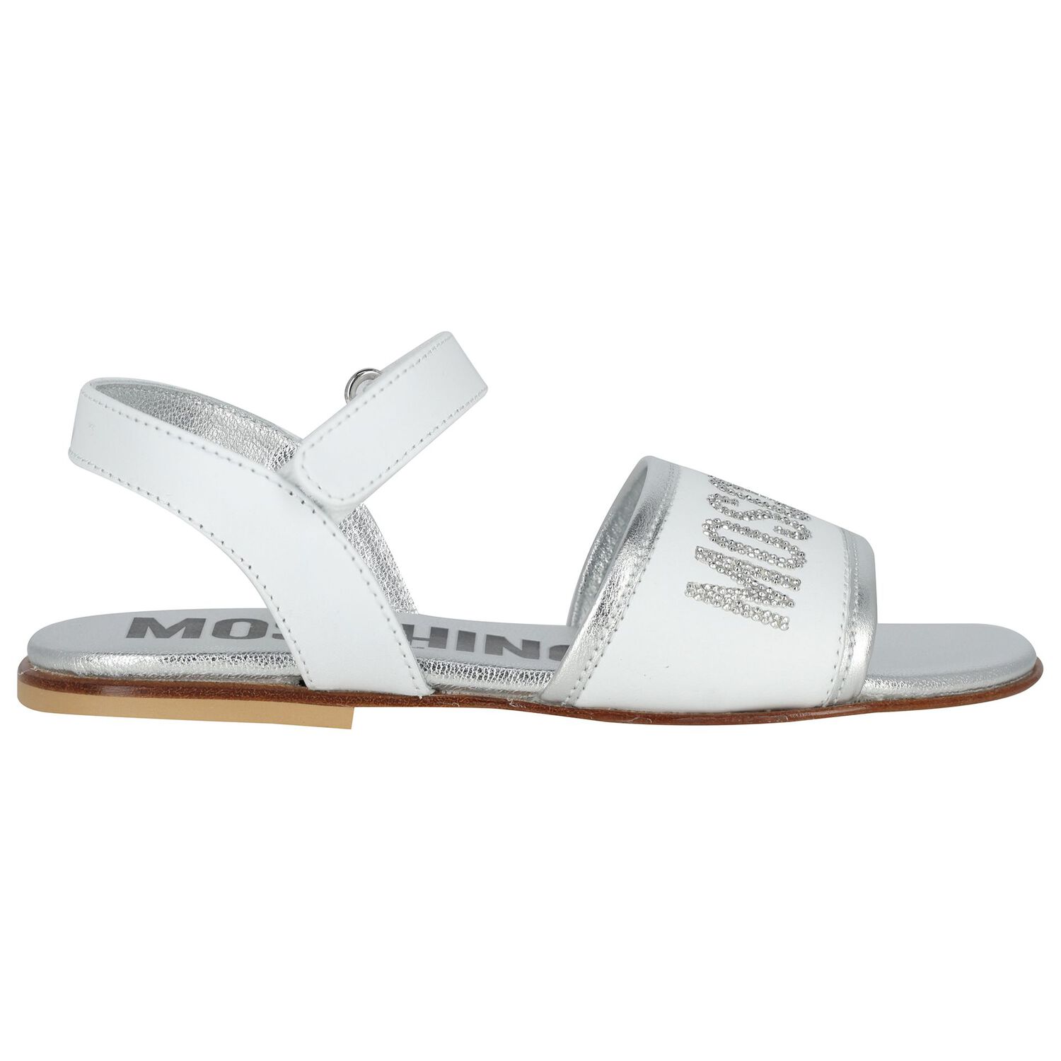 Girls White & Silver Leather Logo Sandals , 1, hi-res