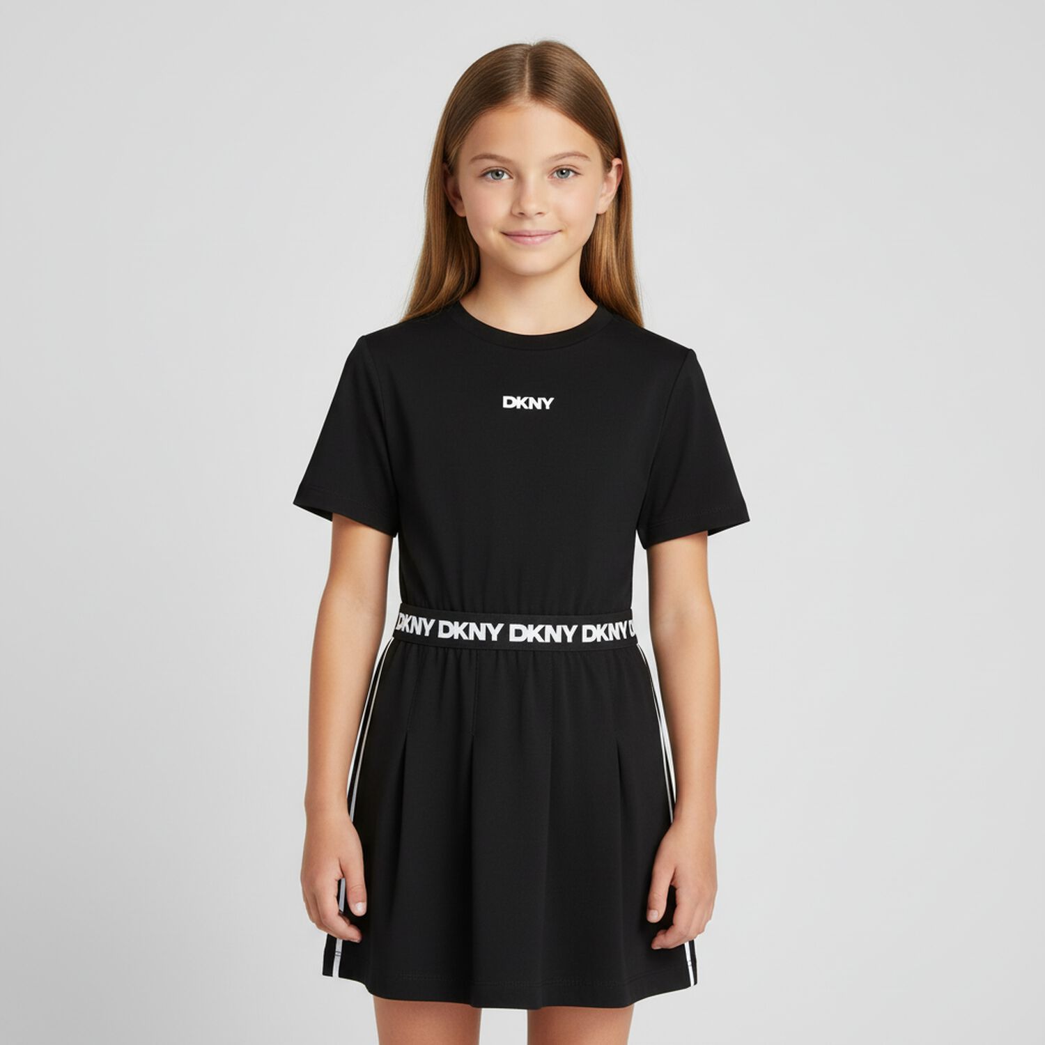 Girls Black & White Logo Dress, 1, hi-res