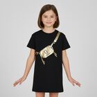 Girls Black & Gold Logo Dress, 1, hi-res