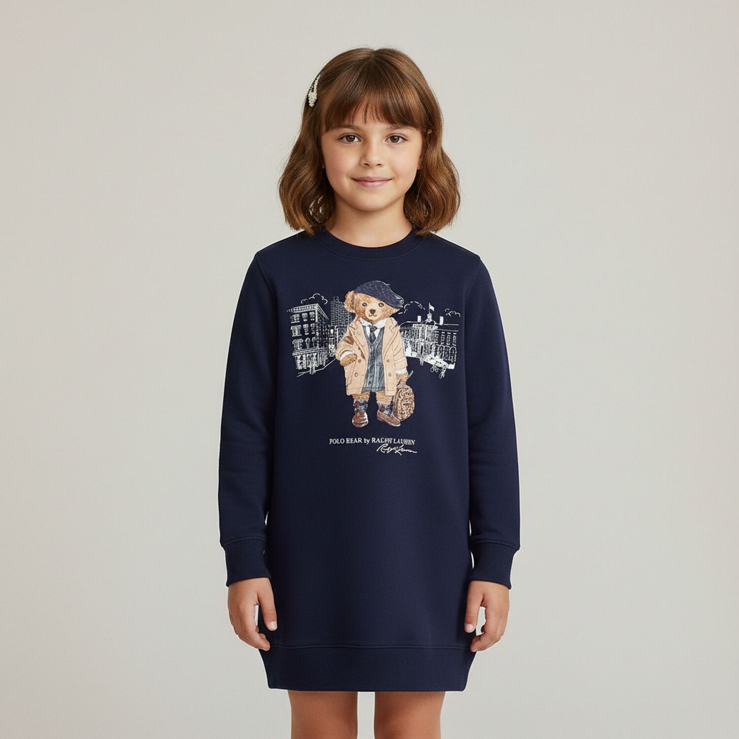 Girls Navy Blue Polo Bear Sweatshirt Dress, 1, hi-res