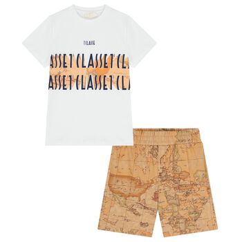 Boys White & Beige Geo Map Shorts Set