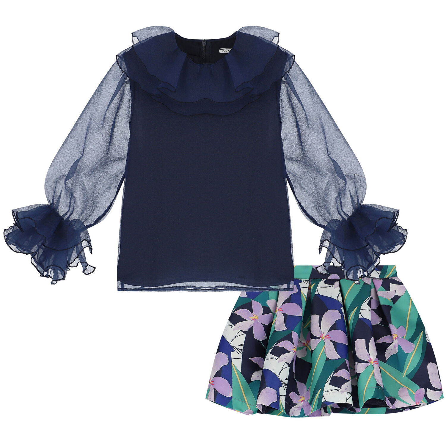 Girls Navy Blue & Green Floral Skirt Set, 1, hi-res