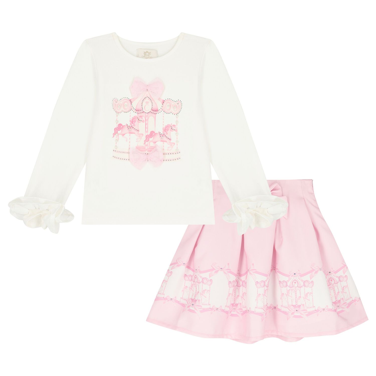Girls Ivory & Pink Carousel Skirt Set, 1, hi-res