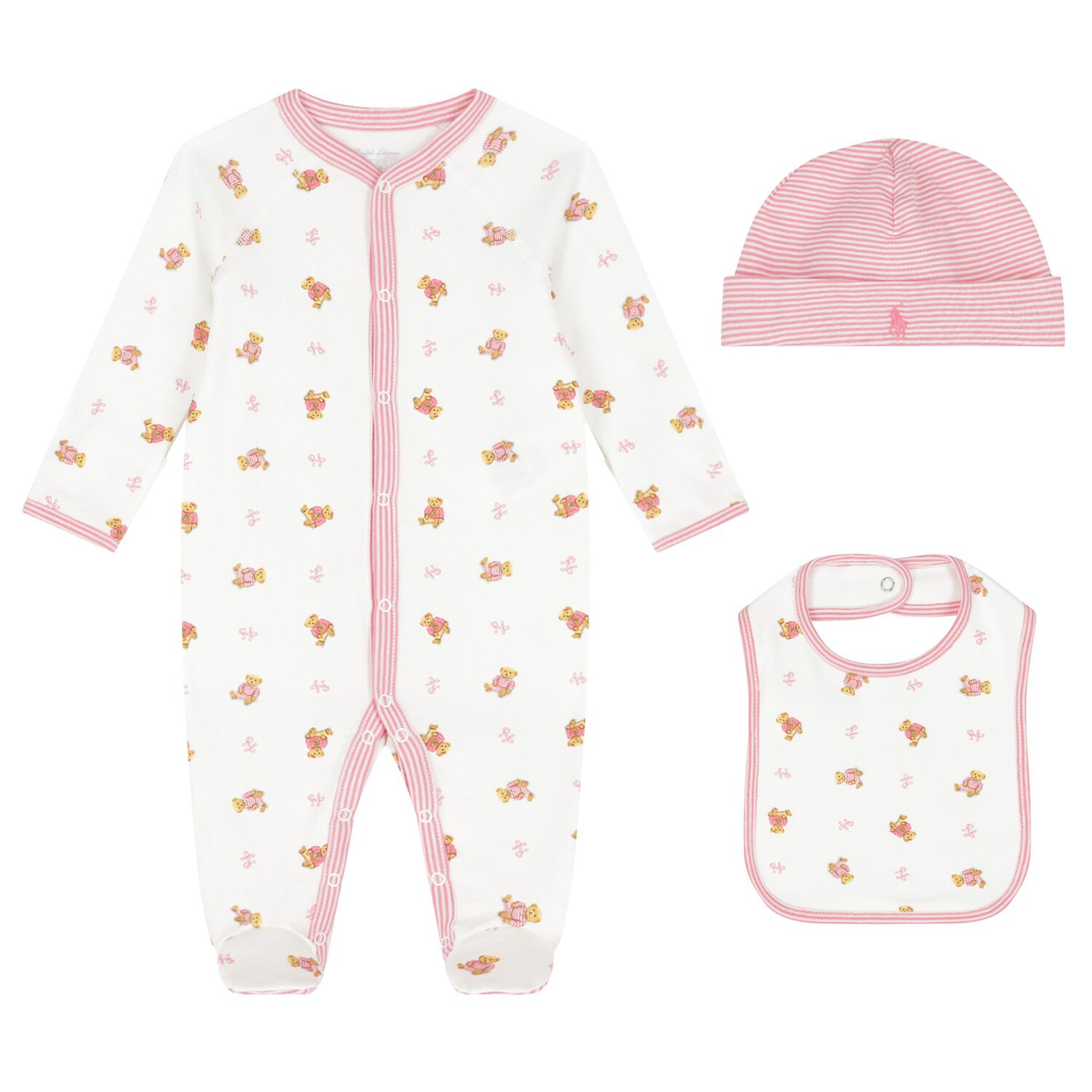 Baby Girls White & Pink Polo Bear Babygrow Gift Set, 1, hi-res