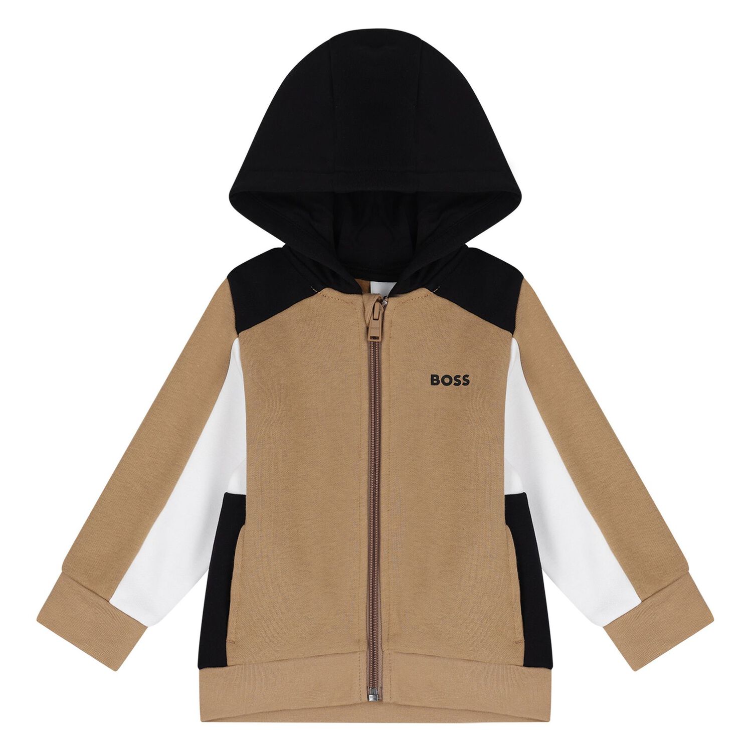 Younger Boys Beige, White & Black Hooded Zip Up Top, 1, hi-res
