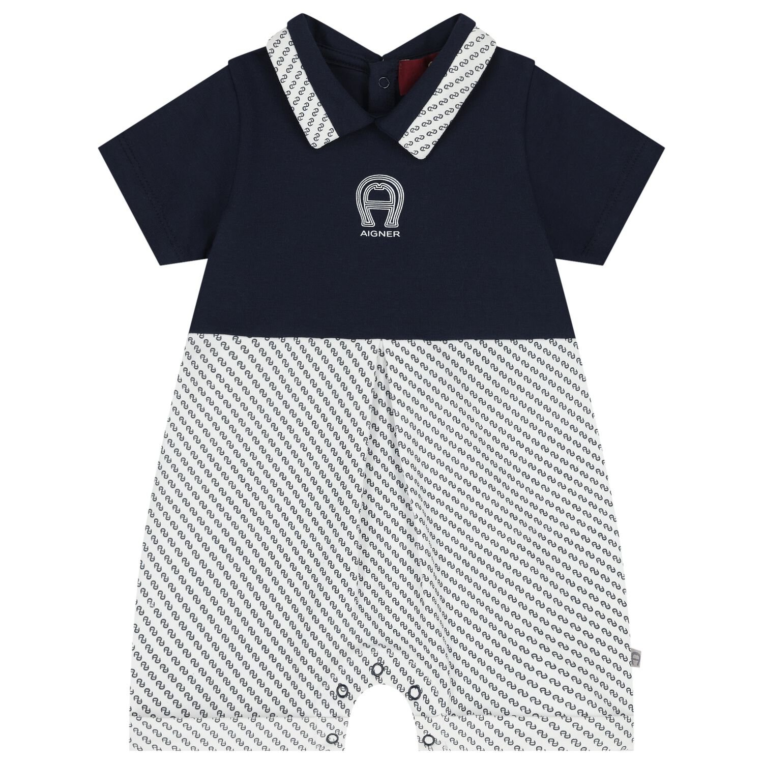 Baby Boys Navy Blue & White Logo Romper, 1, hi-res