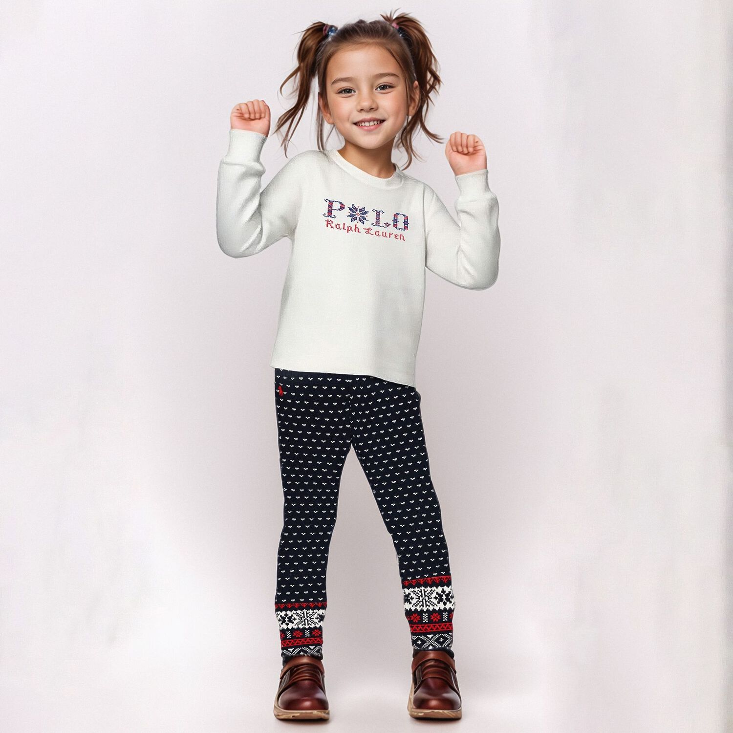 Girls Navy Blue Logo Fair Isle Leggings, 1, hi-res image number null