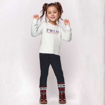 Girls Navy Blue Logo Fair Isle Leggings