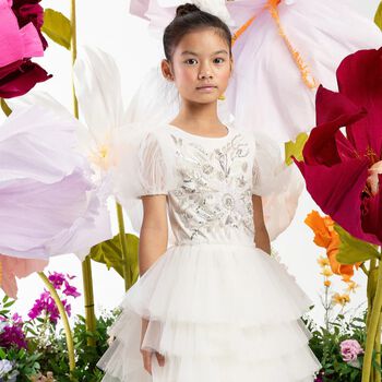 Girls White Embellished Tulle Dress
