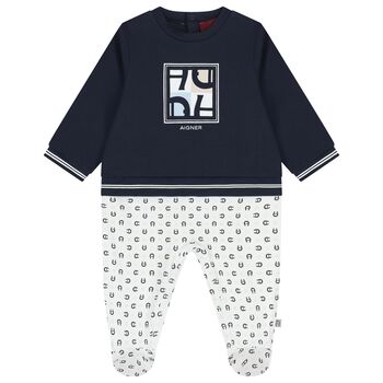 Baby Boys Navy Blue & White Logo Babygrow