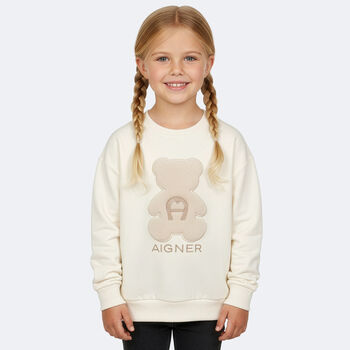 Girls Ivory Faux Fur Teddy Bear Sweatshirt
