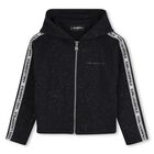 Girls Black Glittery Hooded Zip Up Top, 1, hi-res