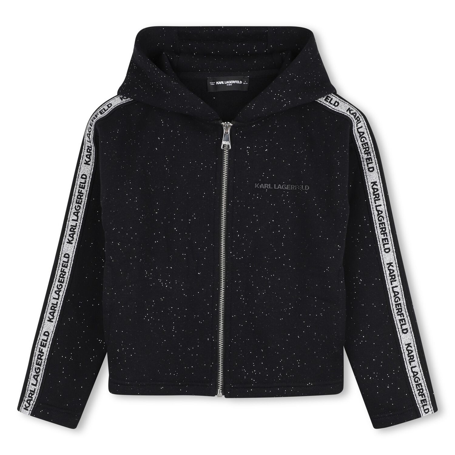 Girls Black Glittery Hooded Zip Up Top, 1, hi-res