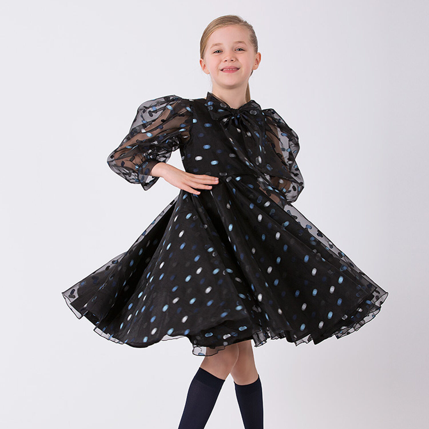 Girls Black & Blue Dot Organza Dress, 1, hi-res