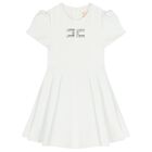 Girls White Diamante Logo Pleated Dress, 4, hi-res