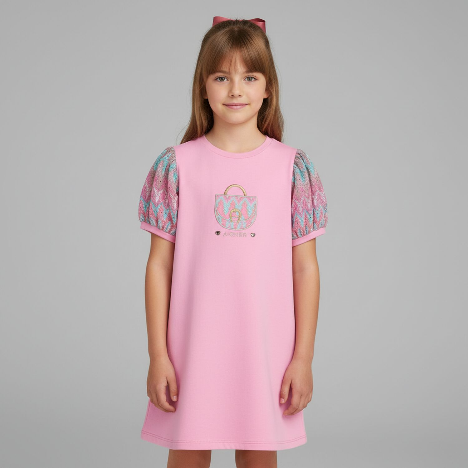 Girls Pink Logo Heart Dress, 2, hi-res