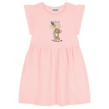 Girls Pink Teddy Bear & Flowers Dress