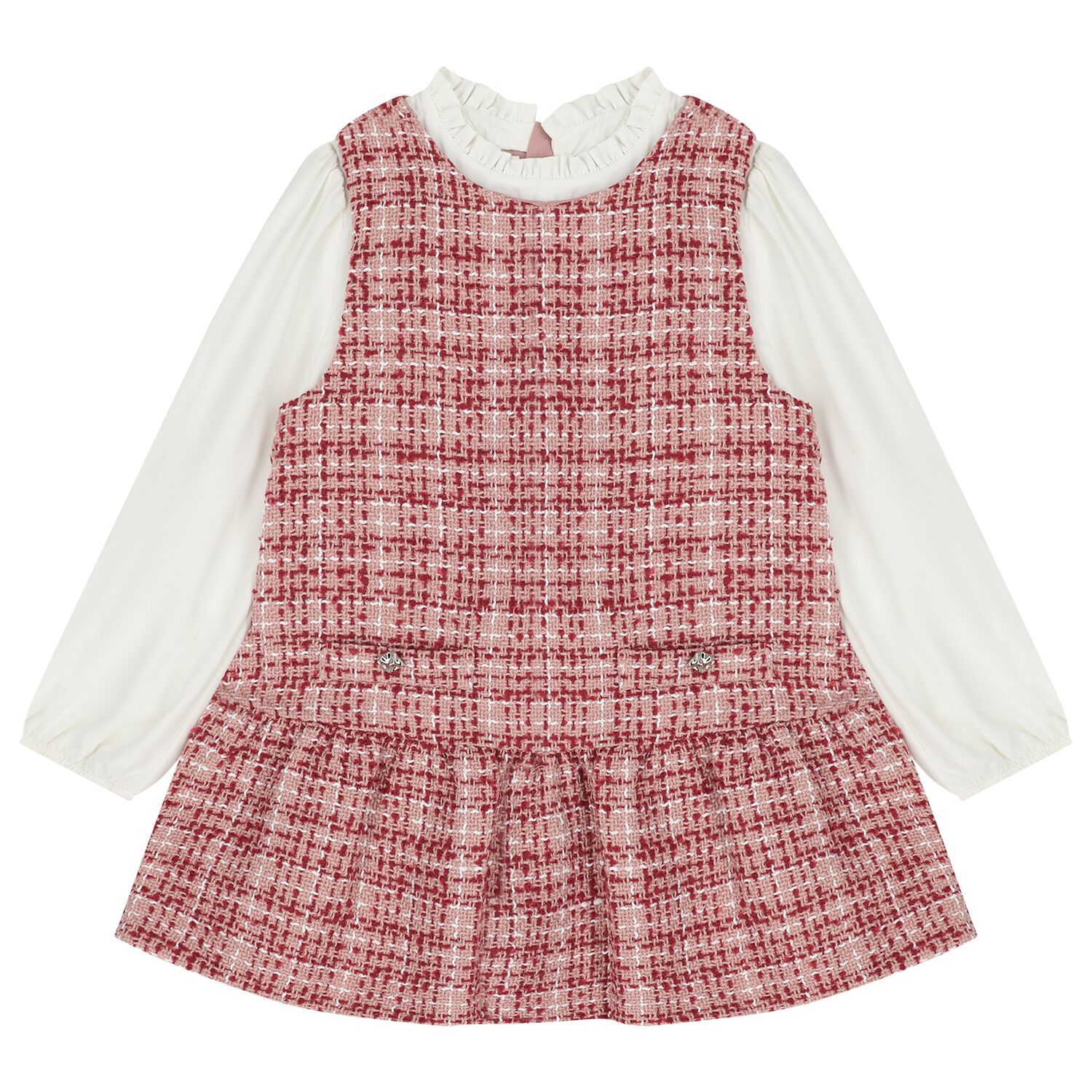 Girls White & Pink Pinafore Dress, 2, hi-res