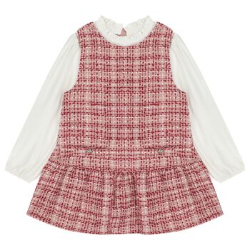 Girls White & Pink Pinafore Tweed Dress