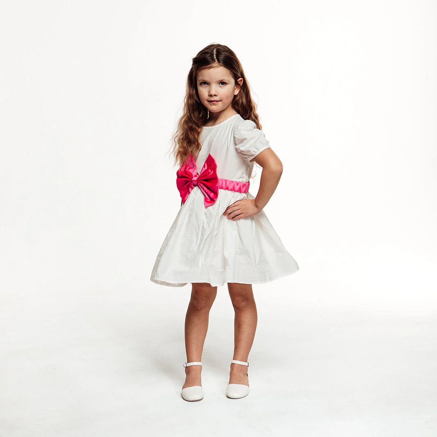 Girls White & Pink Bow Dress, 1, hi-res image number null