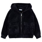 Girls Black Fluffy Knit Hooded Zip Up Top, 1, hi-res
