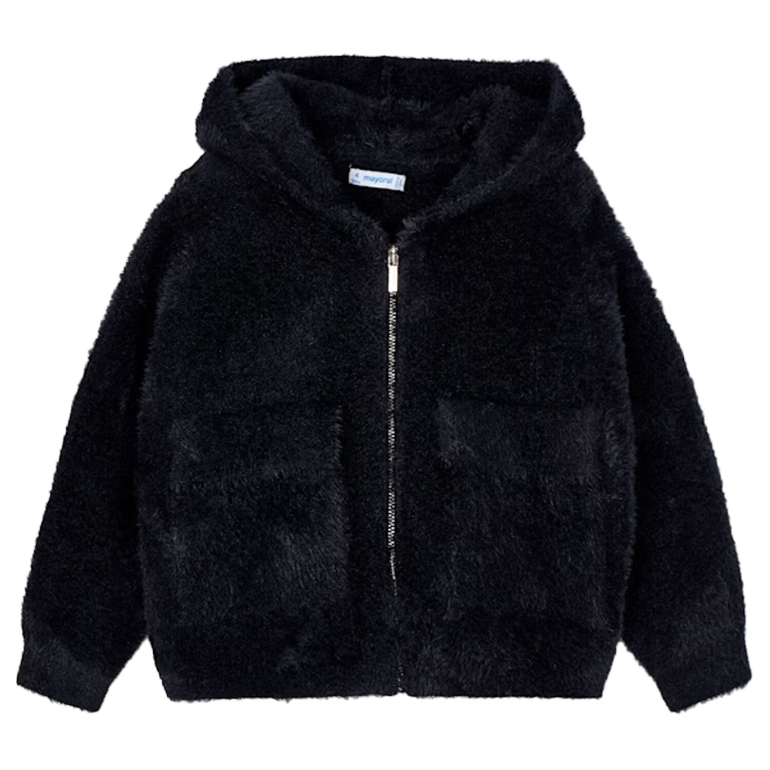 Girls Black Fluffy Knit Hooded Zip Up Top, 1, hi-res image number null
