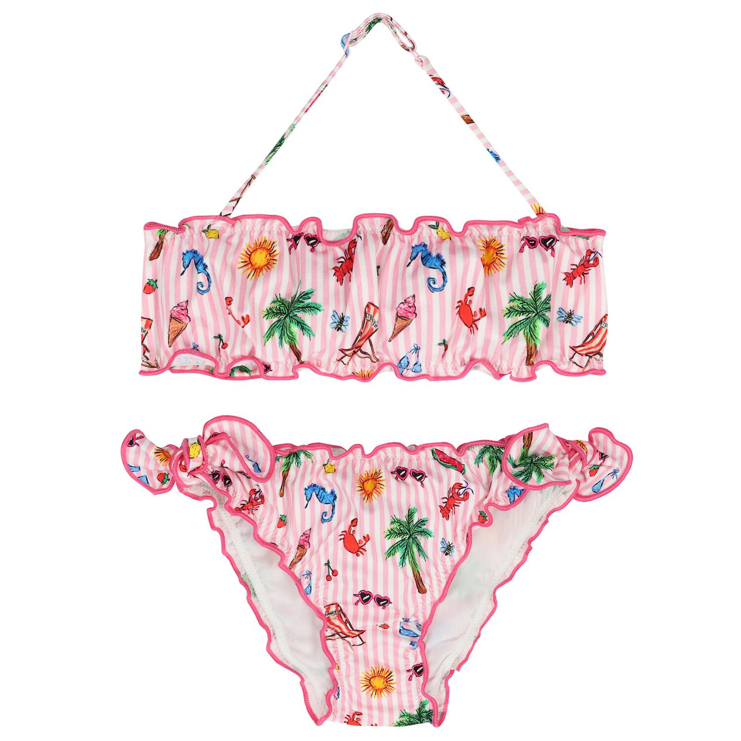Girls White & Pink Striped Bikini, 1, hi-res