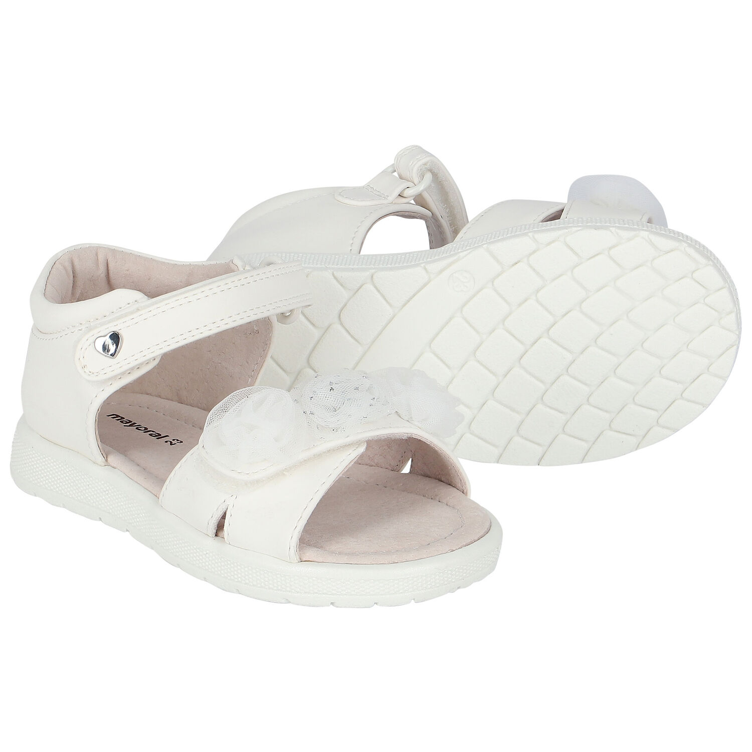 Younger Girls White Flower Sandals, 1, hi-res