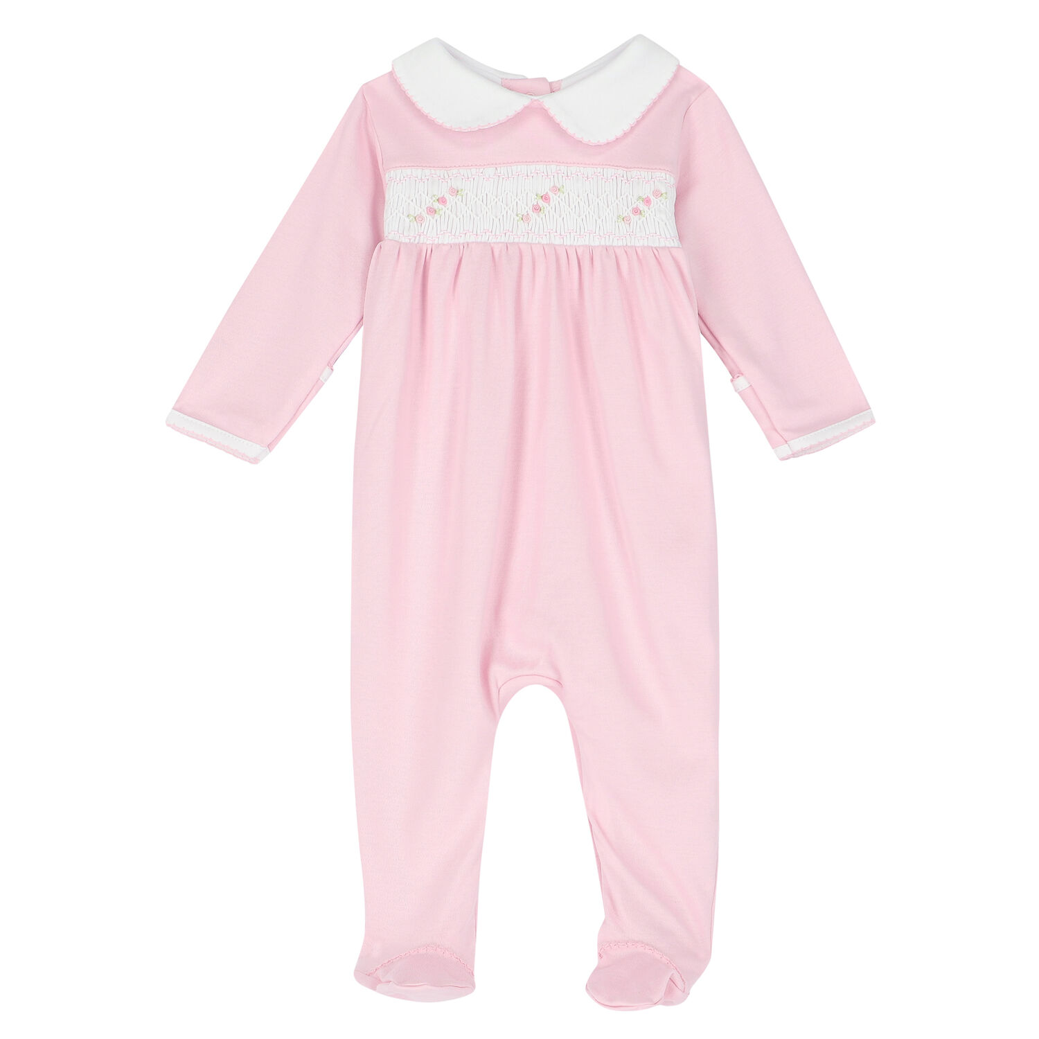Baby Girls Pink & White Smocked Babygrow, 1, hi-res