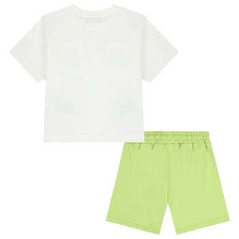 Boys White & Green Logo Shorts Set