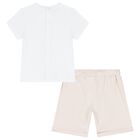 Younger Girls White & Beige Teddy Bear Shorts Set, 1, hi-res