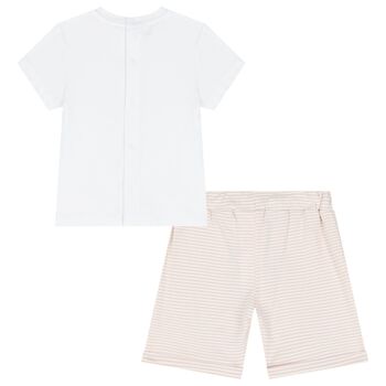 Younger Girls White & Beige Teddy Bear Shorts Set