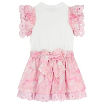 Girls Pink Bow Broderie Anglaise Dress