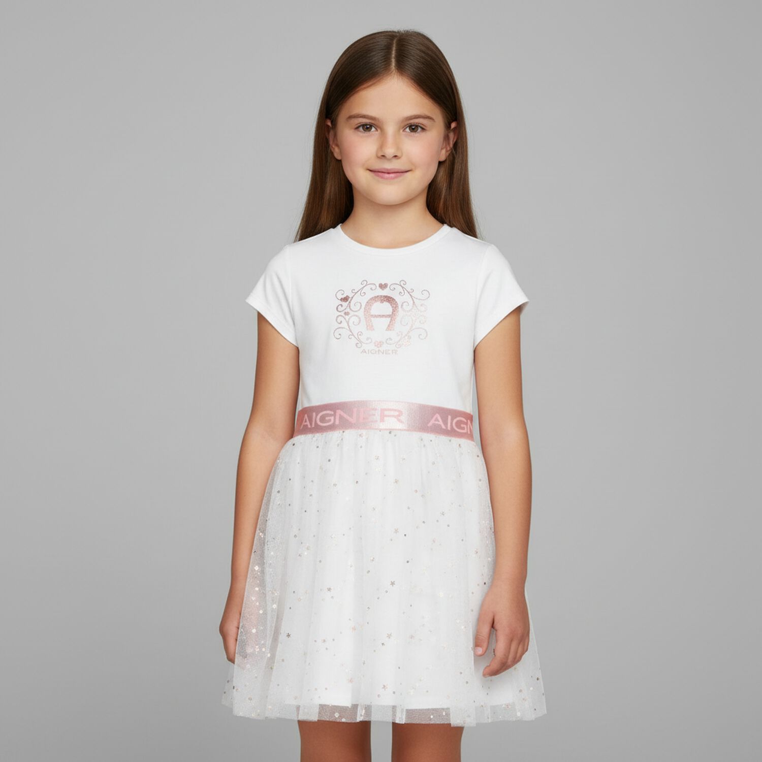 Girls White & Rose-Gold Logo Dress, 1, hi-res image number null