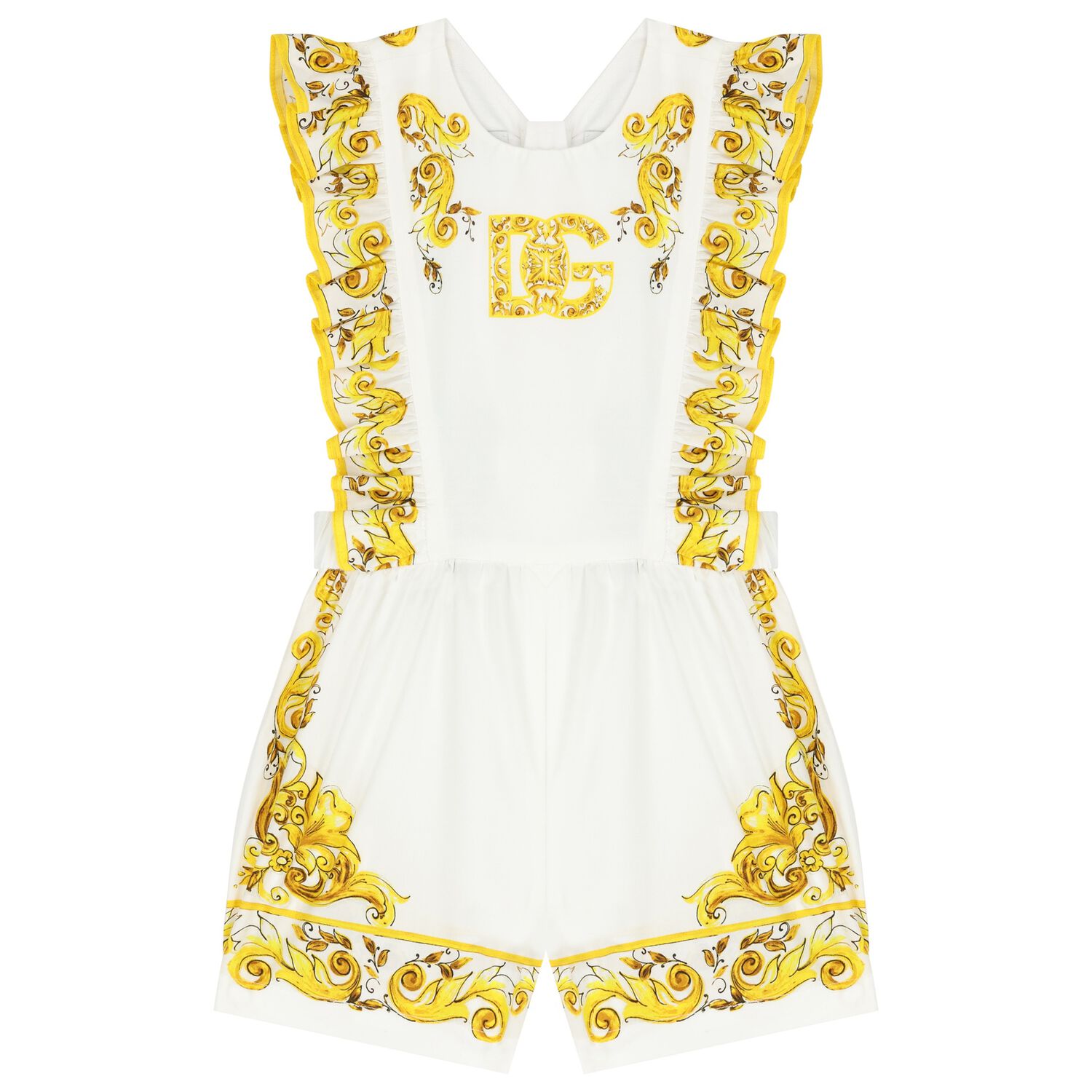 Baby Girls White & Yellow Majolica Romper, 1, hi-res