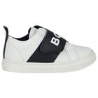 Boys White & Navy Blue Logo Trainers, 1, hi-res