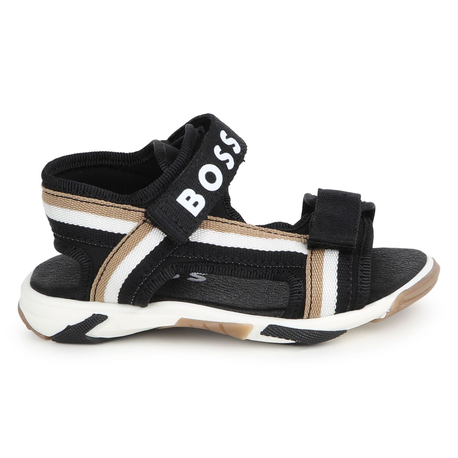 Boys White, Beige & Black Logo Sandals, 1, hi-res