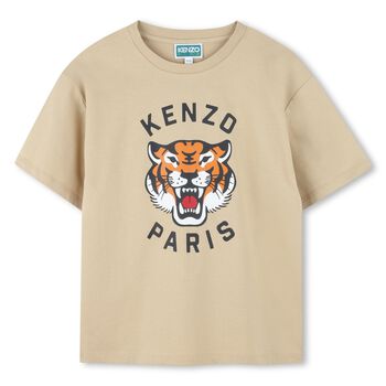 KENZO KIDS Beige Tiger Logo T-Shirt, 3 Beige Tiger Logo T-Shirt
