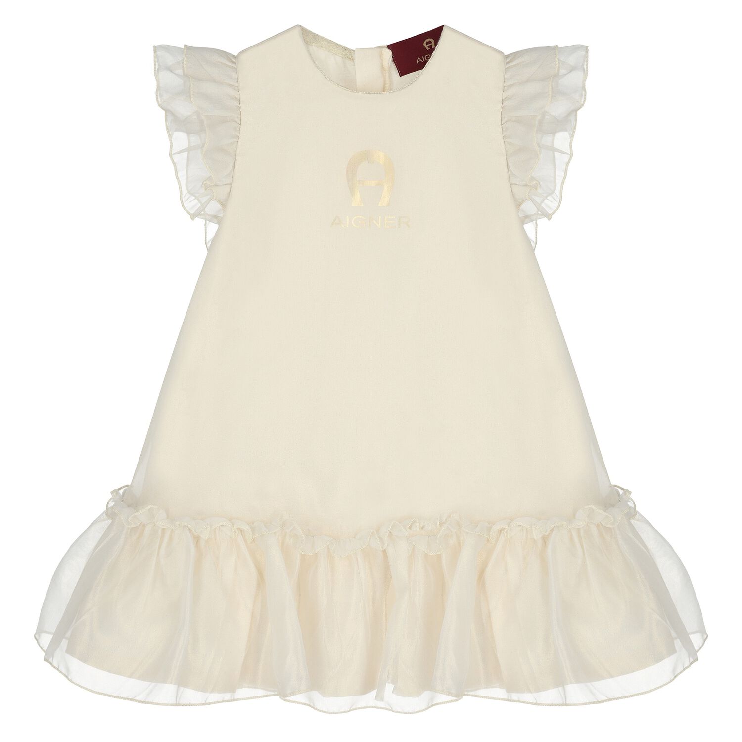 Younger Girls Beige & Gold Ruffled Dress, 1, hi-res