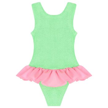 Girls Green & Pink Ruffle Crinkle Swimsuit