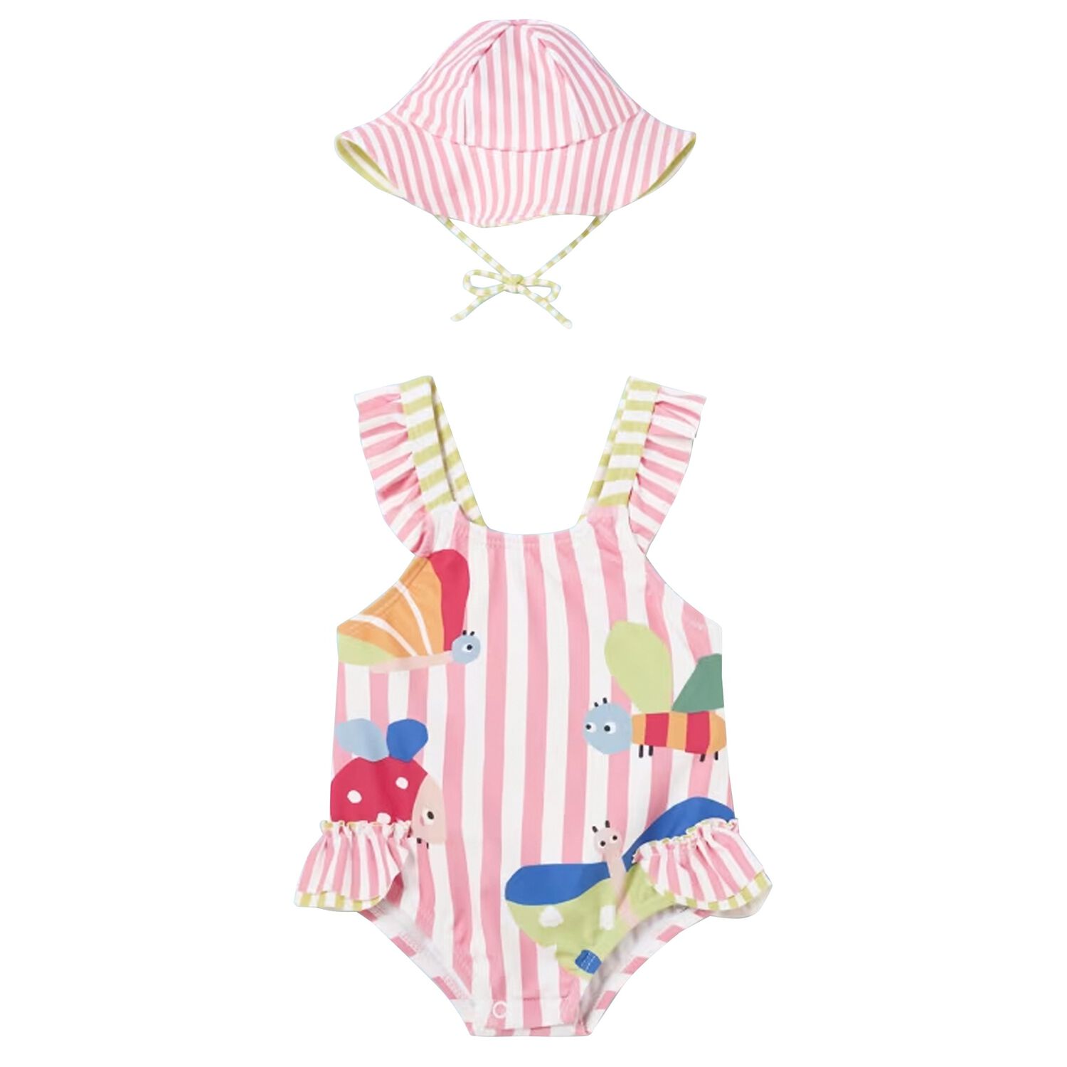 Baby Girls White & Pink Striped Swimsuit Set, 1, hi-res